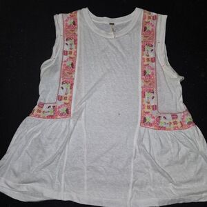 Free People White Sleeveless Top with Pink Embroidery